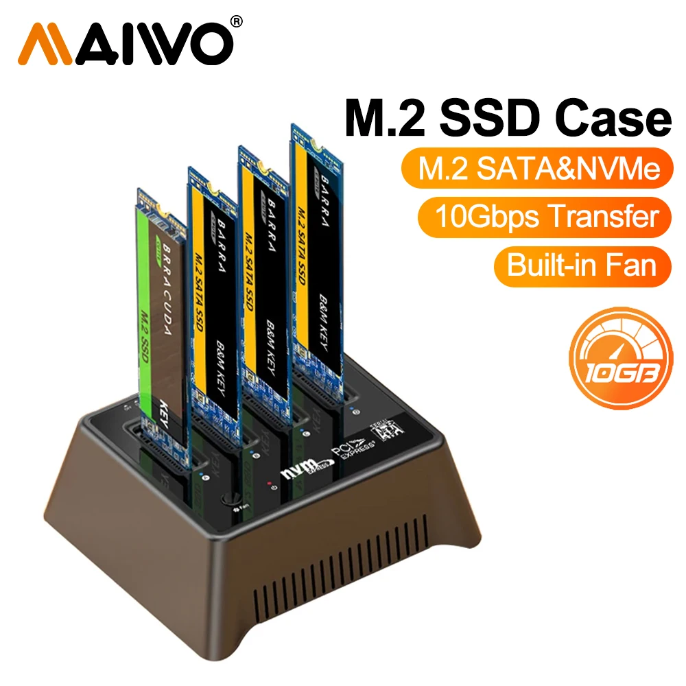 

MAIWO 4 Bay M.2 NVME/SATA to USB 3.2 10Gbps Docking Station Adapter Read & Write External Hard Drive Enclosure with Fan Cooling