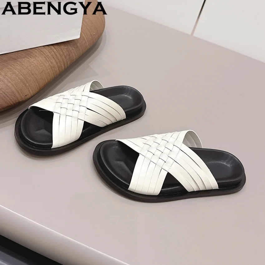 

Summer White Leather Flat Slippers Women Slides Holiday Beach Flats Shoes For Woman Open Toe Platform Slippers Woman Sandals