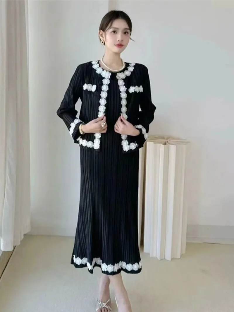 Colorblock Black White Design Women's Pleated Two Pieces Set O-neck Beaded Petal Hem Short Coat +Elastic Dress 2EIVZ