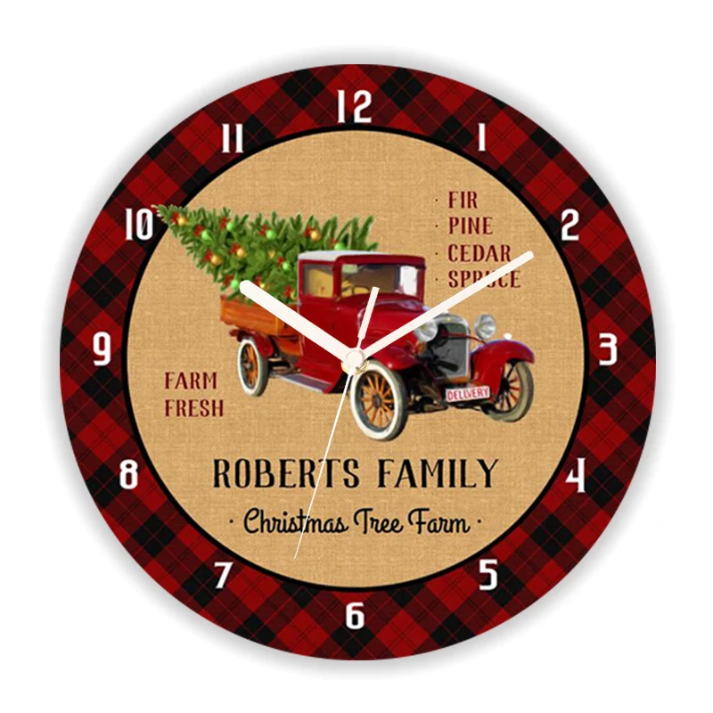 Retro Red Buffalo Plaid with Truck Christmas Pine Tree Wall Clock Holiday Custom Family Christmas Kitchen Wall Watch Decor Gift