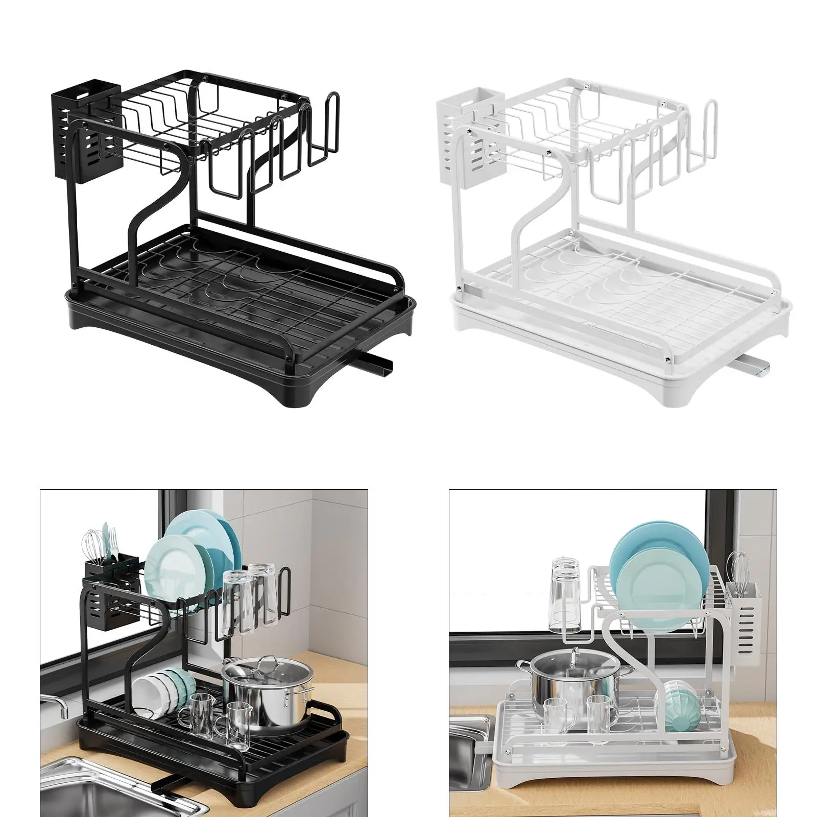 2 Tier Kitchen Dish Drying Rack Multifunctional Dish Rack Utensil Cup Storage Rack Cupboard Countertop Bowl Rack For Kitchen