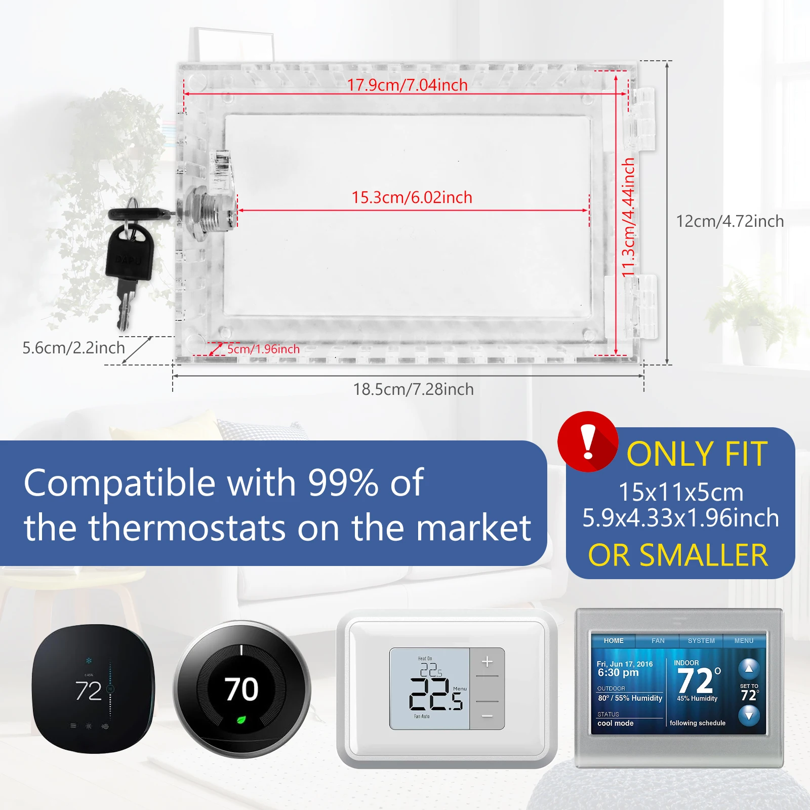 18.5x12x5cm Universal Thermostat Lock Box Clear Thermostat Cover Acrylic with Key Thermostat Guard Fits Easy to Install