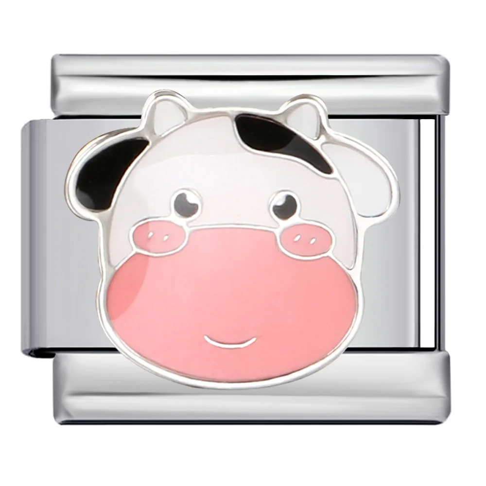 Cute Pink Cat Puppy Cow Animal Italian Charm Links Fit 9mm Stainless Steel Bracelet Jewelry DIY Making Jewellry For Gift