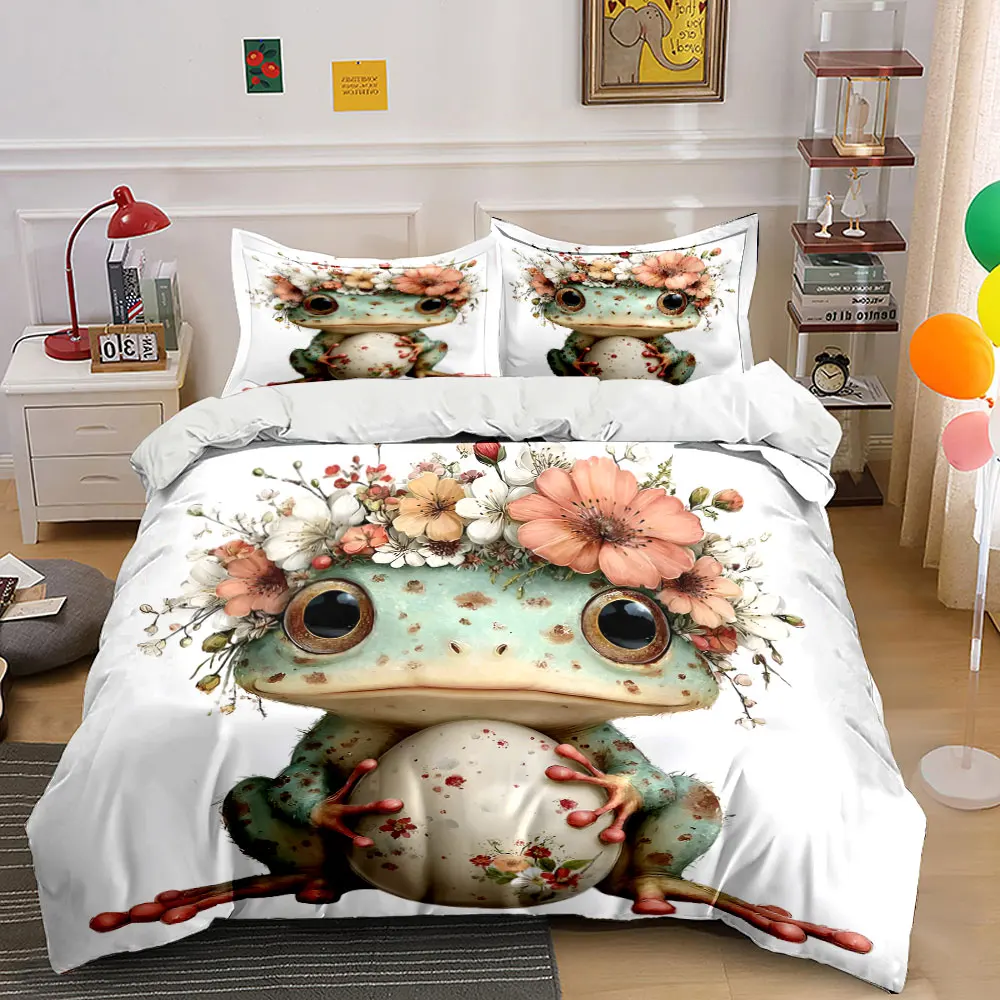 Frog with floral crown holding patterned egg Printed Duvet Cover Set 1 Duvet Cover+2 Pillowcase Multi Size Bedroom Bedding Decor