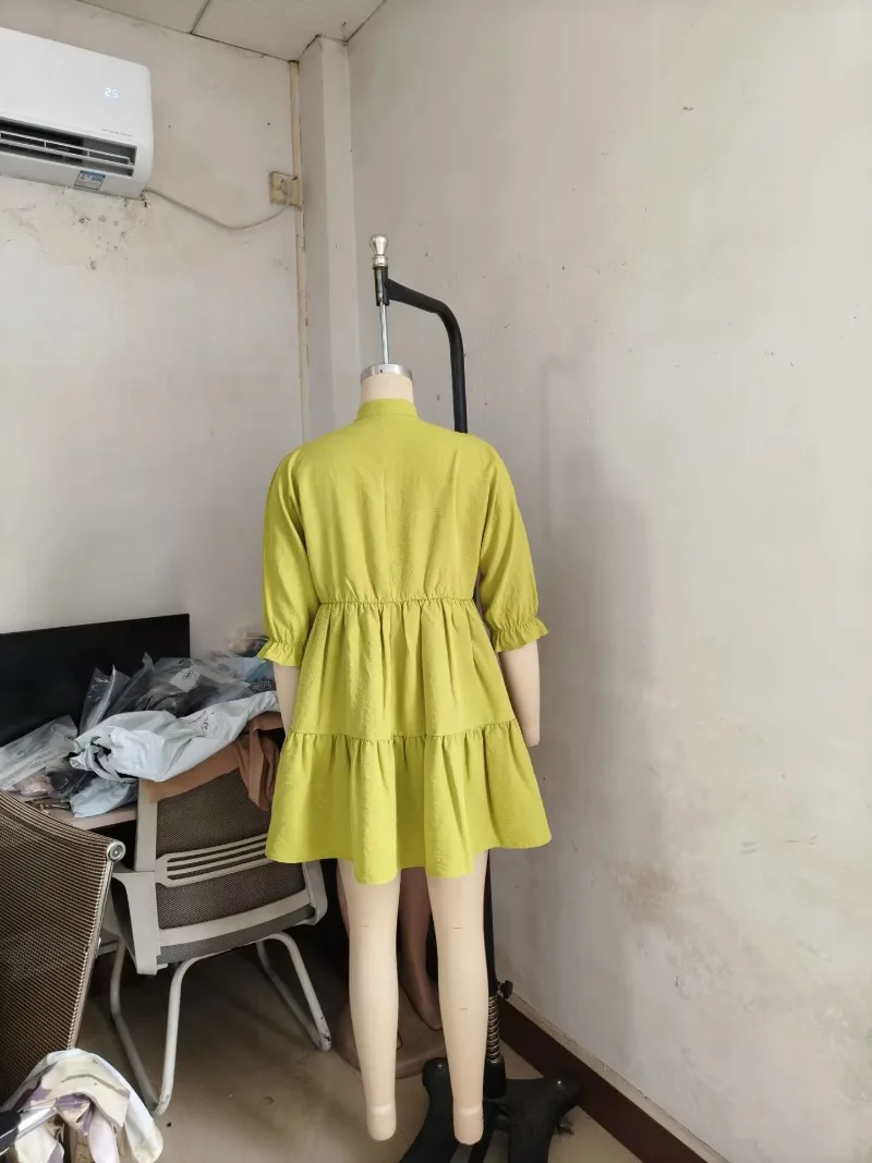 Feminino sólido babados solto casual a linha mini vestido sexy decote em v puff manga camadas plissado streetwear roupas de férias festa robe