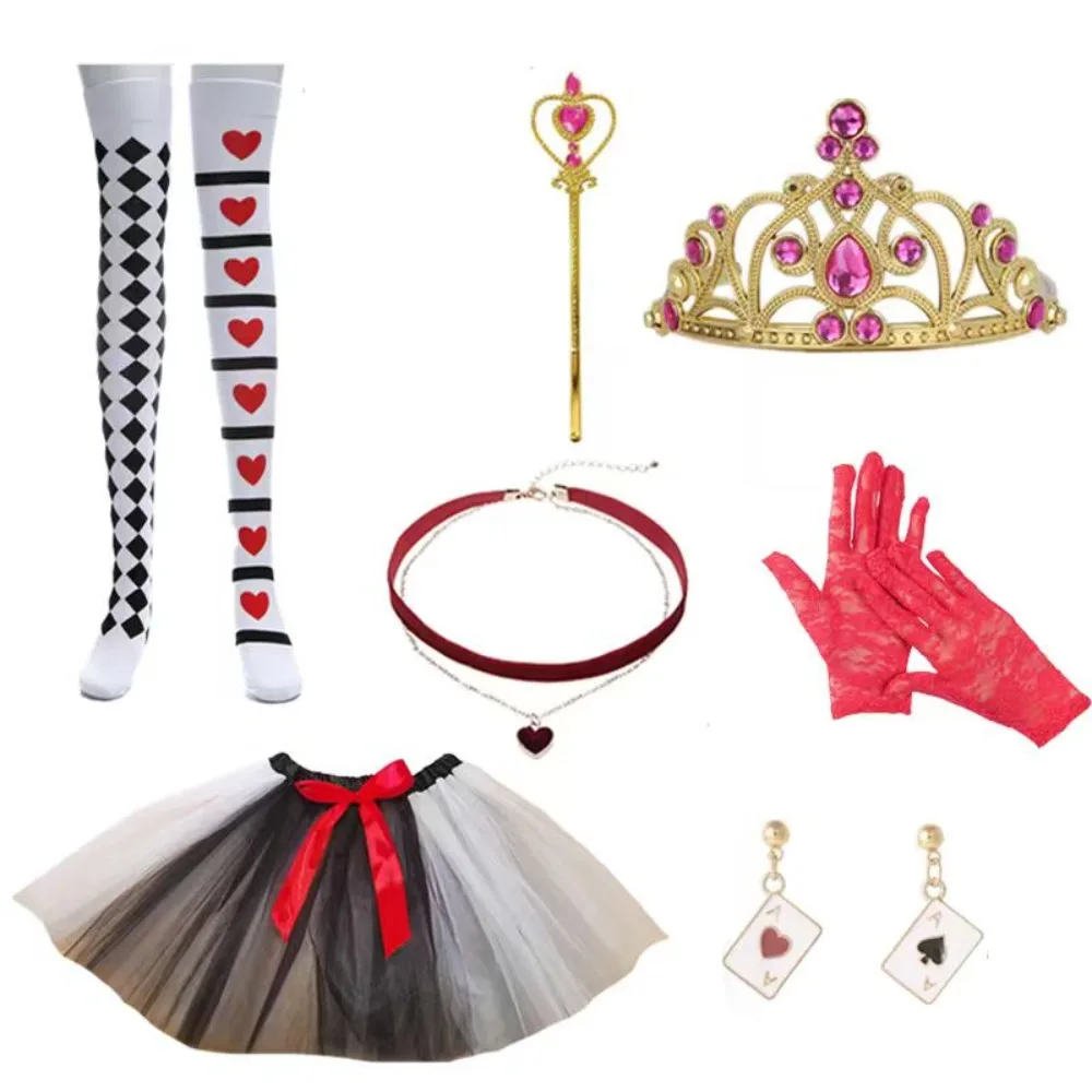 PESENAR Halloween reine Costume accessoires pour femme coeur jupe gants couronne sceptre boucles d'oreilles chaussettes hautes tour de cou pour Cosplay