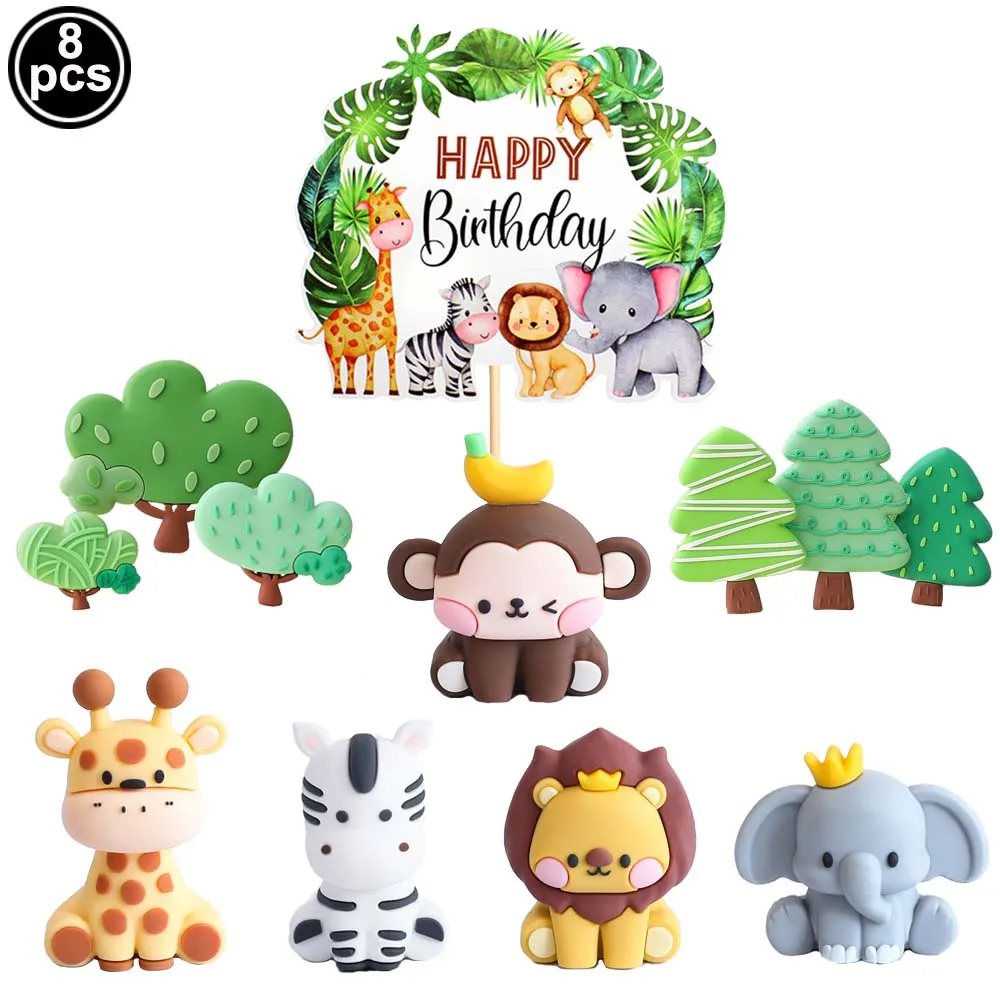 8 Stuks Jungle Dier Taart Toppers Leeuw Giraf Aap Olifant Tijger Taart Decor Baby Shower Kids Safari Verjaardagsfeestje Decoratie