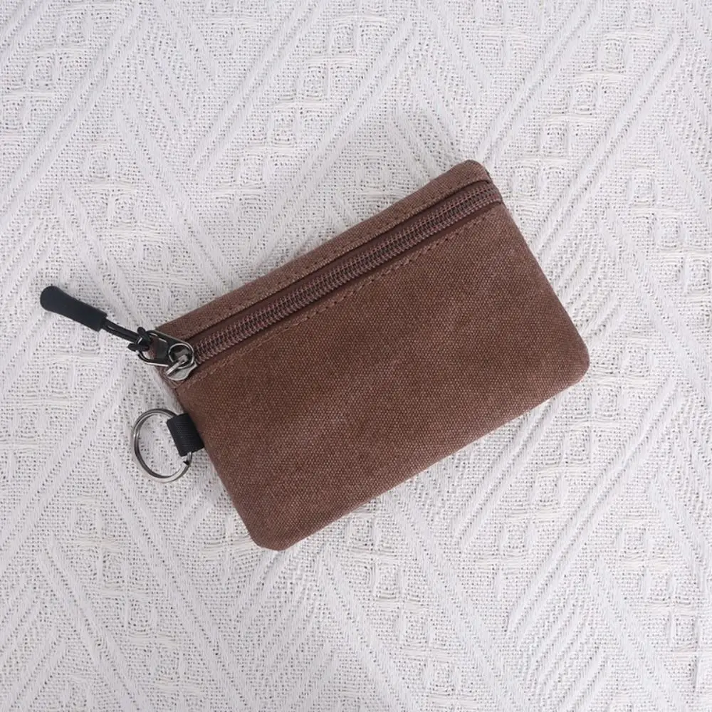 Casual Hand-held Canvas Coin Purse with Key Ring Retro Mini Coin Pouch Durable Solid Color Pouch Bag Key Case