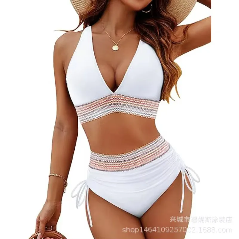 Bikini dividido para mujer, traje de baño fino de dos piezas de cintura alta, conjunto de traje de baño Sexy con cordones y cuello ajustado para vacaciones de verano en la playa