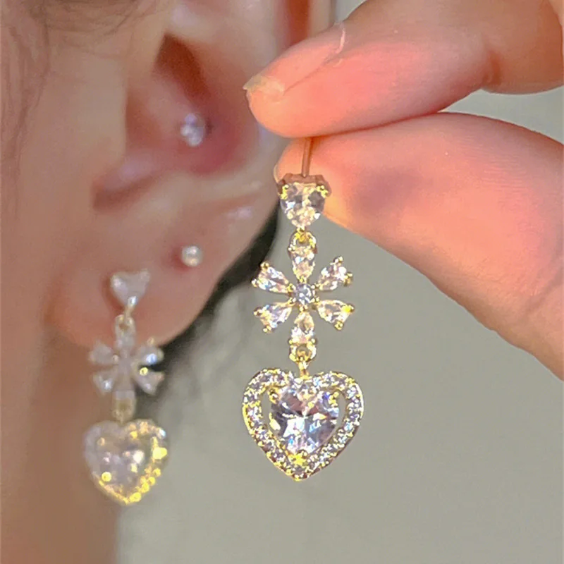 2023 New Flower Love Earrings for Women Fashion Korean Gold Color Zircon Girls Design Stud Earrings Trendy Wedding Gifts Jewelry