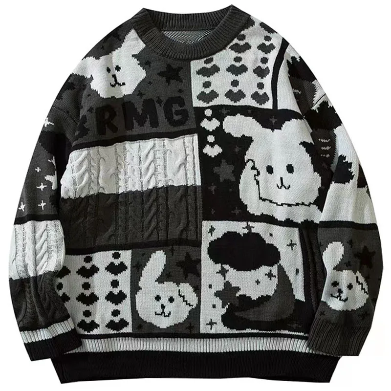 Vintage Cartoon Rabbit Sweater Men Japanese Style Pullovers 2023 Winter New Harajuku Knitwears Loose Oversized Knitted Sweater