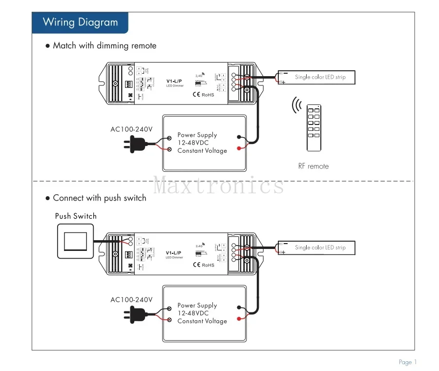 V1-L/P 2.4G RF Push-Dim PWM 250HZ/500HZ/2KHZ/8KHZ لشريط إضاءة LED أحادي اللون 1CH * 15A 12V-48V DC24V 36V CV Controller،