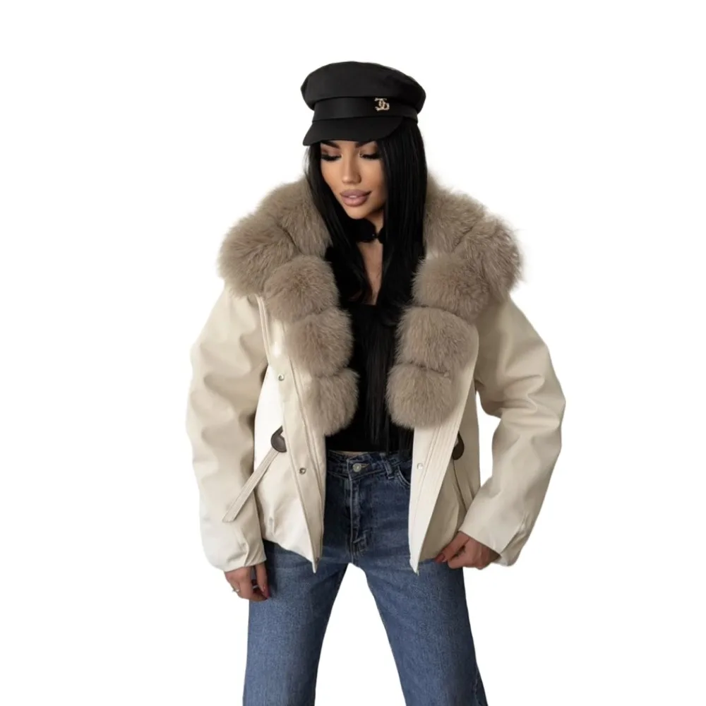 Damen Winter Pufferjacke Wasserdichte Gänsedaunenjacke High Street Oversized Echtpelzjacke Warmer Echter Pelzkragen für Kaltes Wetter