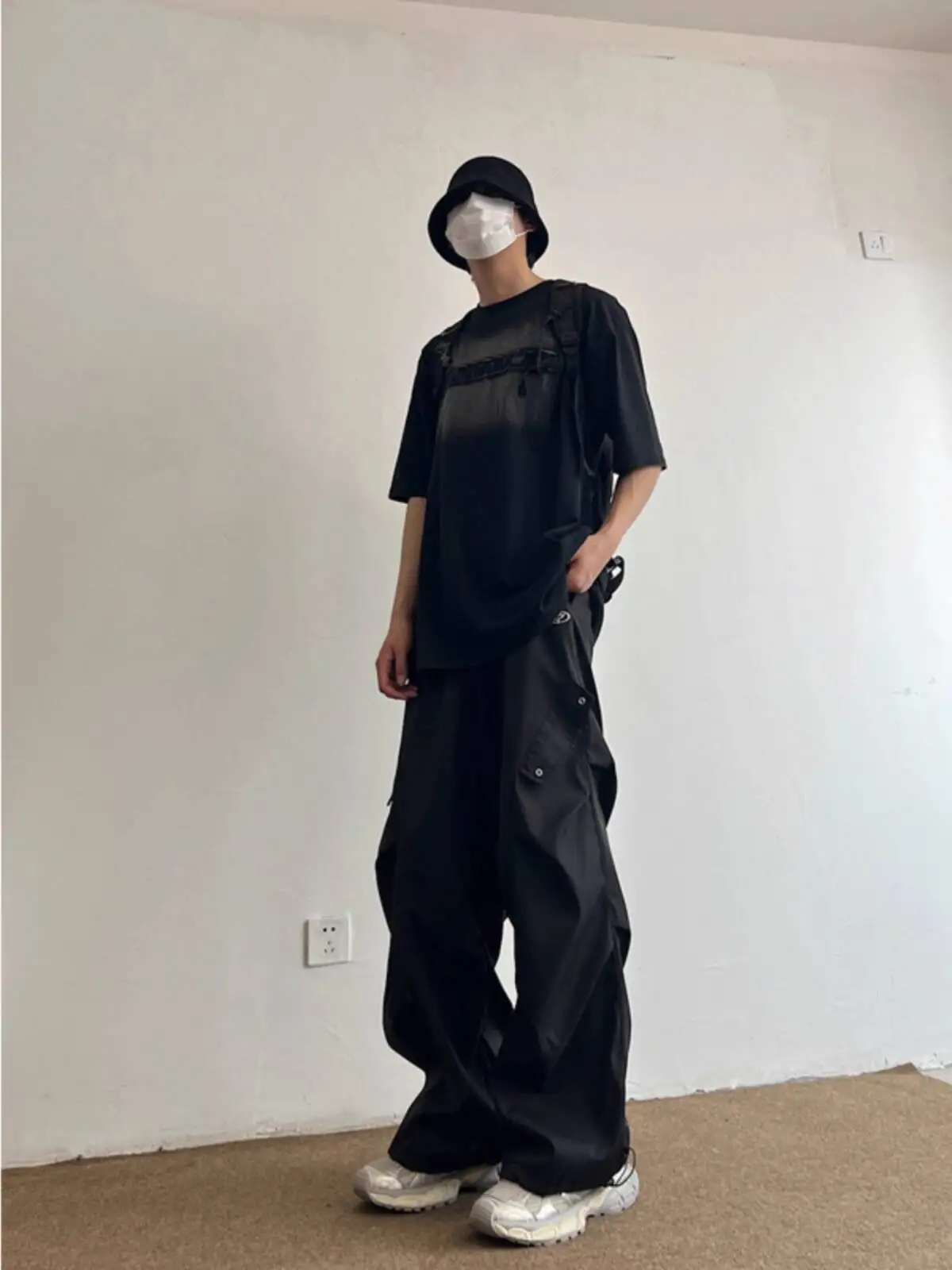 กางเกงลำลองสไตล์ฮิปฮอปสตรีทสำหรับผู้ชาย แบบยูนิเซ็กส์ วินเทจ ผ้ามีรอยยับ ทรงหลวม ขากว้าง