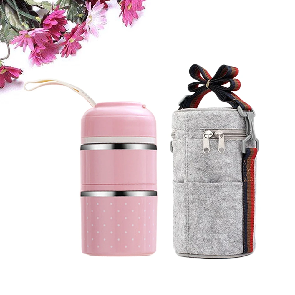 

2pcs Stainless Steel Lunch Box Multi Layer Insulation Food Container with Carrier Bag Pink Portable Thermal Keep for Adults