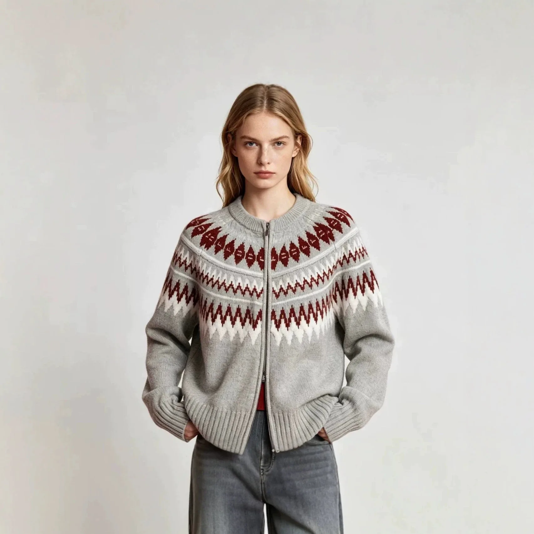2026 New Women Knit Sweater Coat Fair Isle Pattern Loose Color Block Jacquard Top Double Zipper Knitted Outerwear Spring Autumn