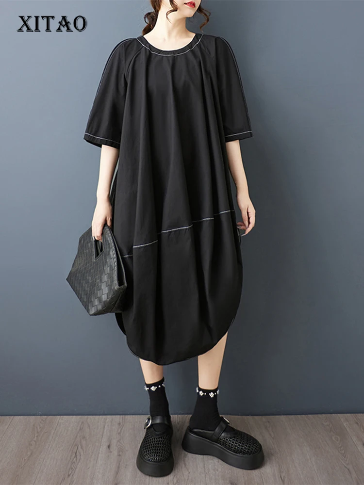 

XITAO Irregular O-neck Solid Color Dress Half Sleeve Patchwork Casual New Arrival All-match Summer Woman Slimming Dress ZMY1357