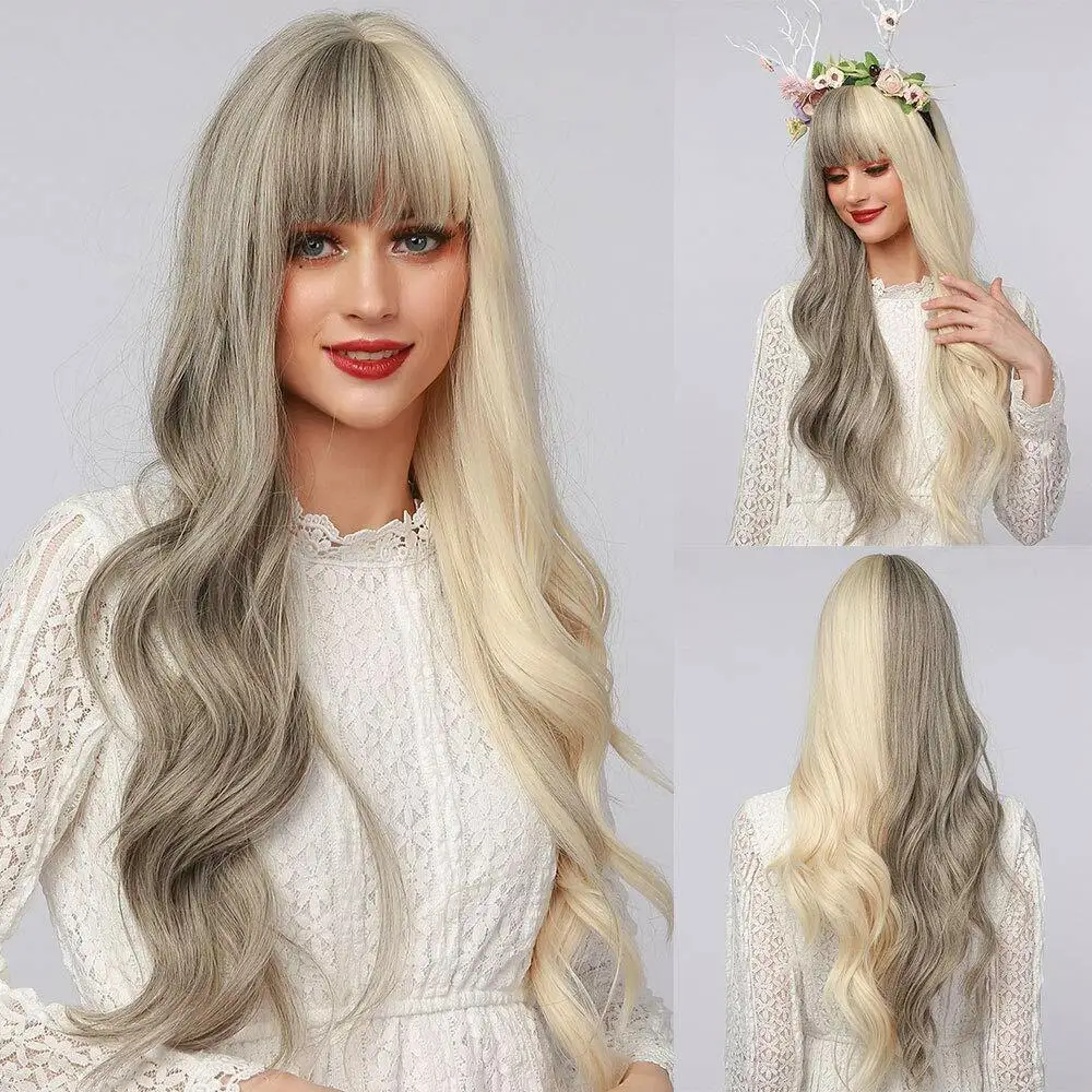 

Women Long Wavy Half Gray and Half Blonde Wigs Synthetic Heat Safe With Bangs Synthetic