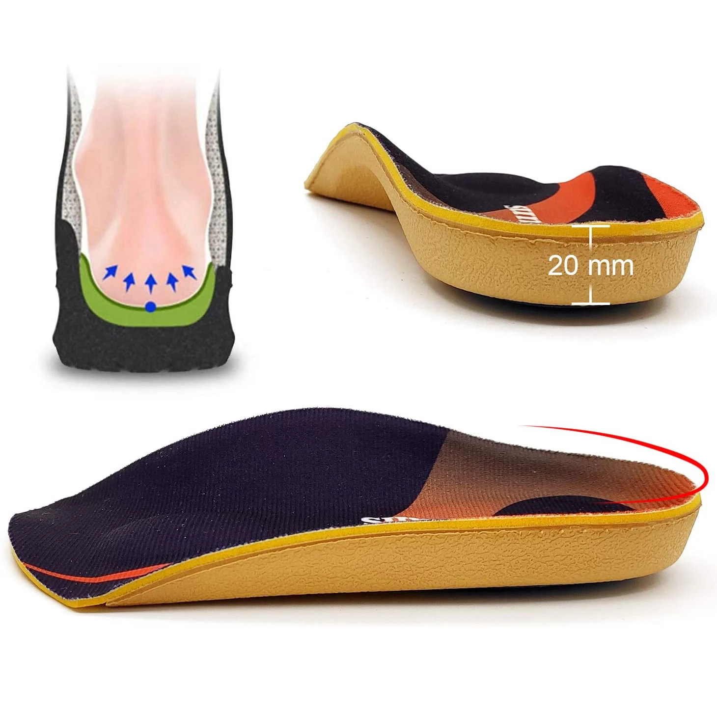 Relieve Foot Pain with RooRuns 3/4 Orthotic Arch Support Shoe Inserts Heel Pads With Metatarsal Pads For Men And Women.