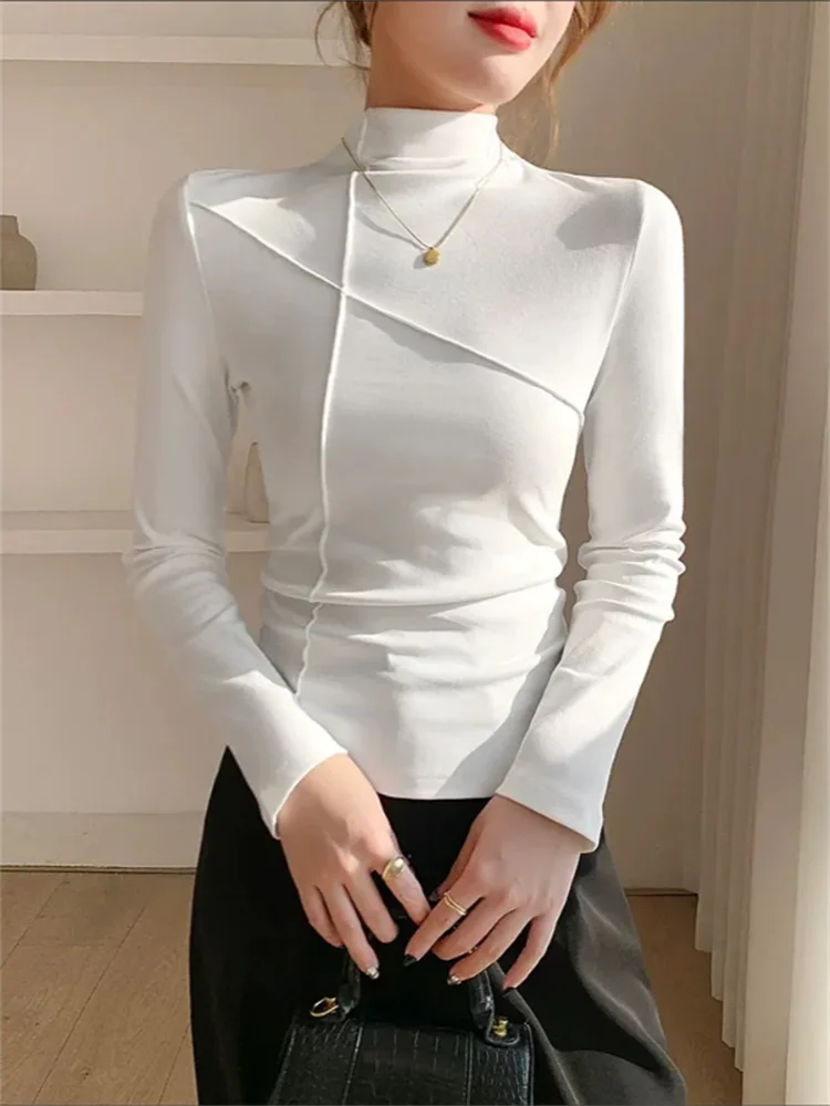 عالية الرقبة قاعدة التي شيرت المرأة بلوزة تي شيرت كم طويل سليم الراقية قمة الخريف الشتاء عادية أنثى تي شيرت بلون تيز #2