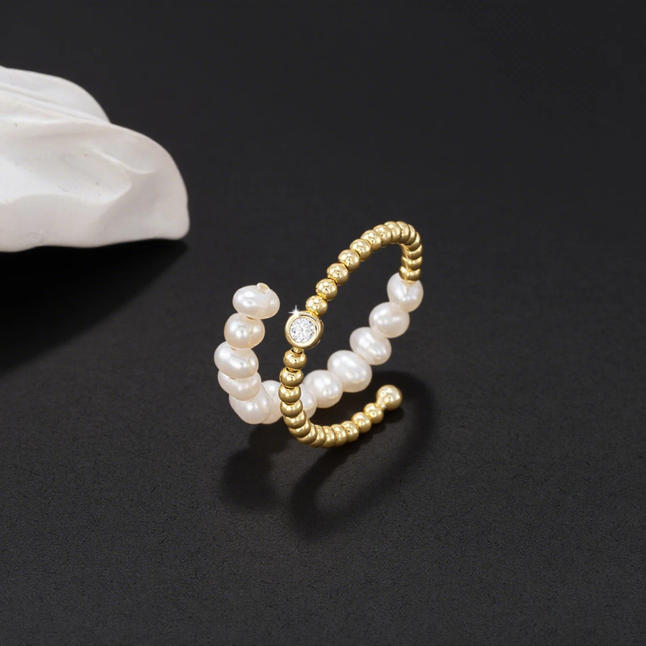 

Модное кольцо Effie Queen 2025, золото 14 карат, сияющее стерлинговое серебро 925 пробы, открытое кольцо с жемчугом и красивым цирконием круглой огранки GPR12