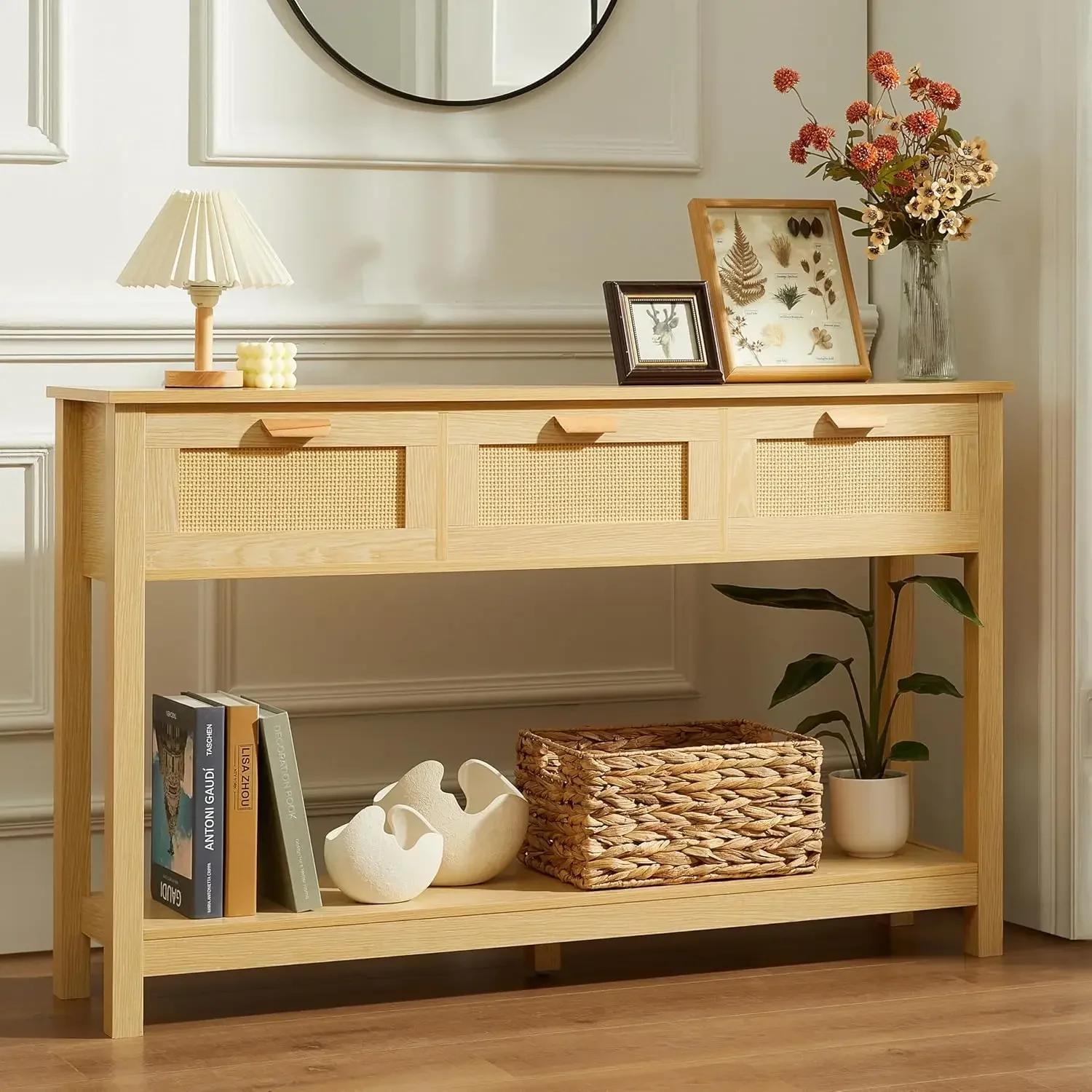 Rattan Console Table with 3 Drawers, Boho Entryway Table with Storage, Narrow Long Sofa Table with Open Shelf for Living Room