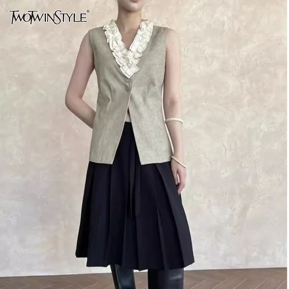 

TWOTWINSTYLE Hit Color Slimming Spliced Ruffles Vest for Women V Neck Sleeveless Tunic Temperament Waistcoats Female