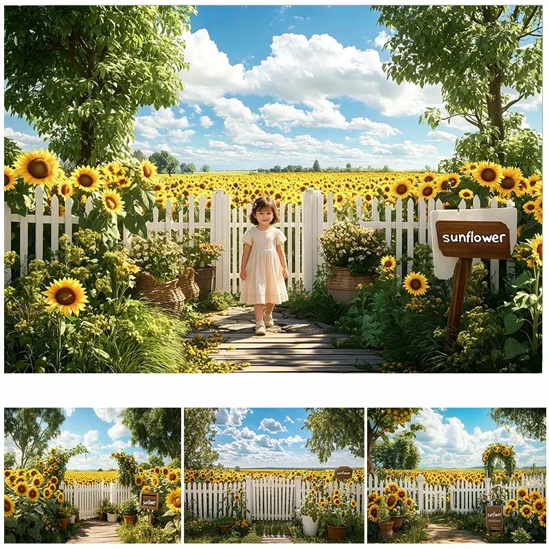LS Photography Background Summer Farm Sunflower Field Cake Smash Newborn Portrait Decor Kid Birthday Backdrop Photo Studio