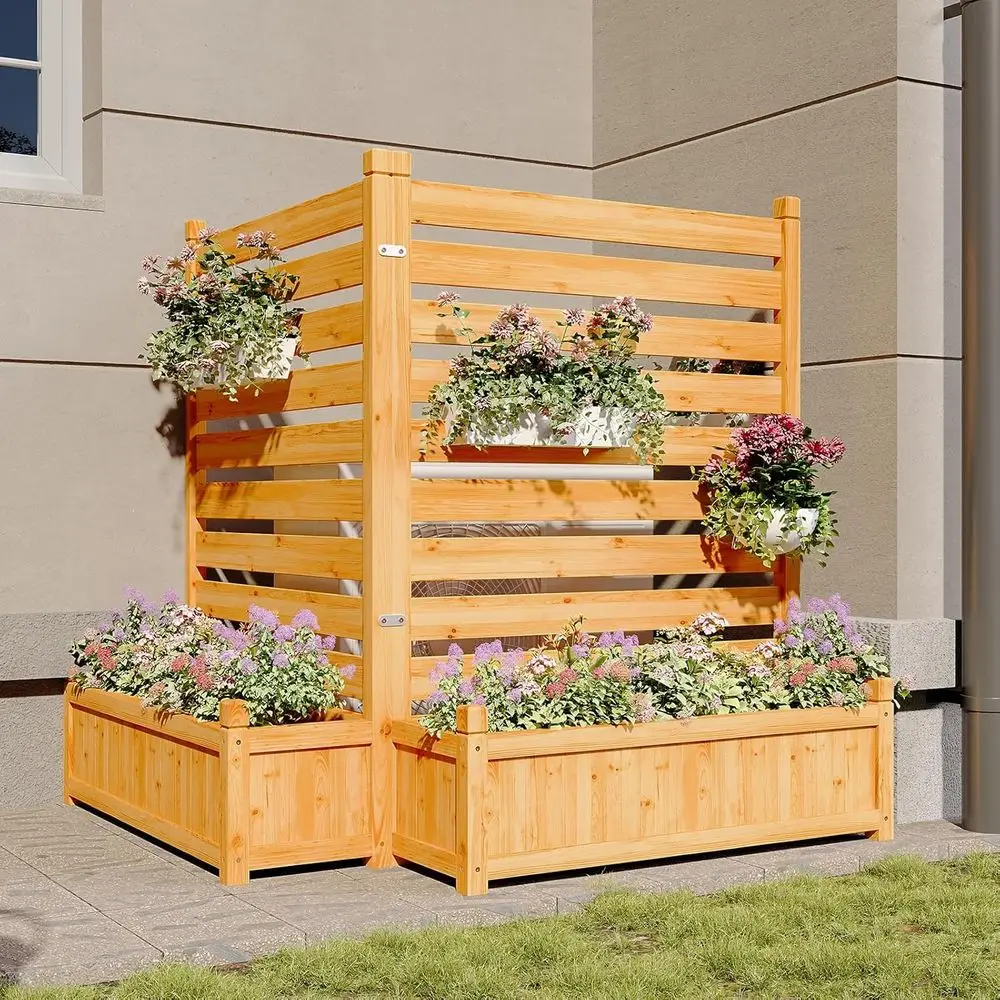 

Двухпанельный деревянный экран для уединения с кашпо, 34 x 45 дюймов, идеально подходит для кондиционеров, уличного декора и обеспечения приватности на заднем дворе