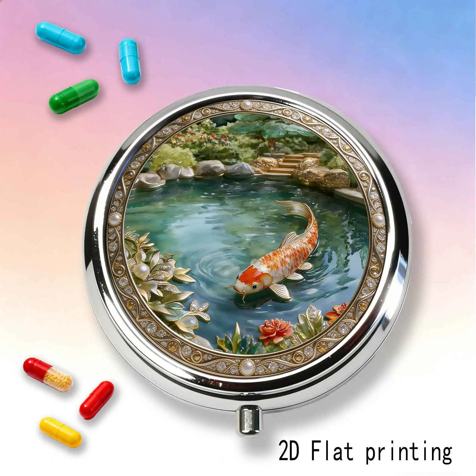 Medicine Box with Koi Fish Print Pattern. Emergency Small Medicine Box. Compact Jewelry Box with Compartments for Storage, Creative Gift, Travel-Friendly - Pocket-Sized and Aesthetically Pleasing - Small Decorative Storage Box - Compact and Practical for Personal Use and Suitable for Gift-Giving