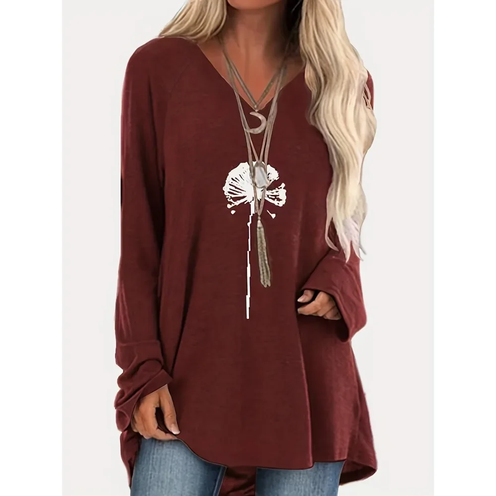 

Plus Size Women's Dandelion Graphic Print Long Sleeved Crewneck Long T-shirt