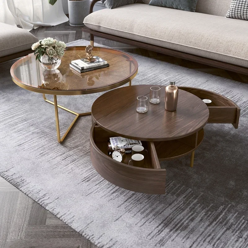 

for Customized Colors Glass Top Storage Round Living Room Furniture Wood Tea Table Modern