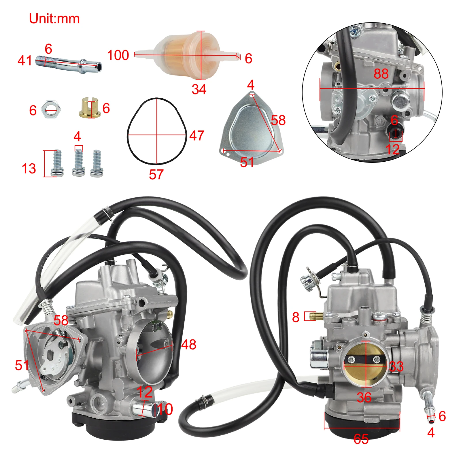 PD33J Carburetor ATV for Yamaha Grizzly 350 400 450 Big Bear 400 Kodiak 400 450 Wolverine 350 450 YFM250 YFM350 YFM400 YFM450