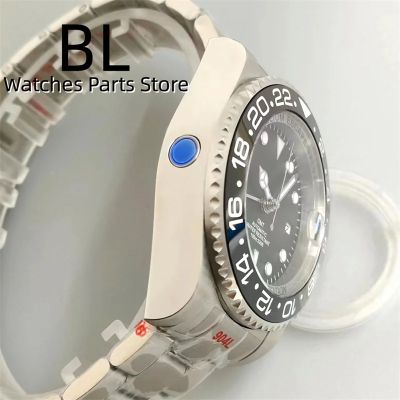 BLIGER 43mm GMT Watch NH34 Automatic Chapter Ring Case Luminous Bezel Black Dial AR Sapphire Glass Magnified Date Waterproof