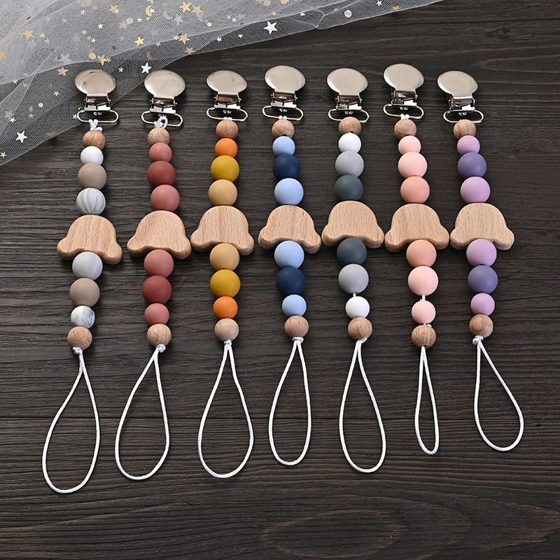 Baby Silicone Round Beads Metal Dummy Holder Clips Wood Animal Teether Teething Chain For Baby Pacifier Chain Safe Toys Gift