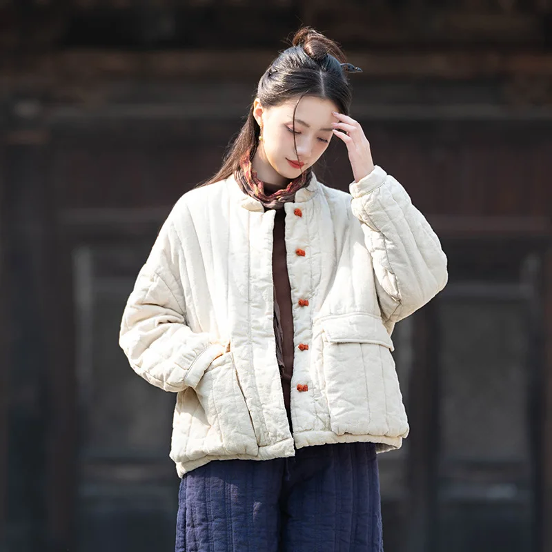 

Короткое хлопковое пальто из хлопка и конопли в стиле ретро с цветными блоками и пуговицами, свободное короткое хлопковое пальто с воротником-стойкой