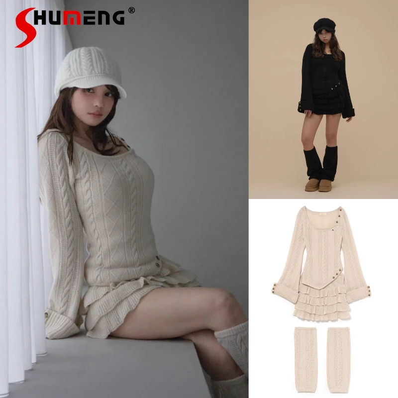 

Autumn New Japanese Lolita Slim Fit Knitwear Irregular O-neck Knitted Sweater Cake Half Skirt Leg Warmers Three-Piece Set Ladies