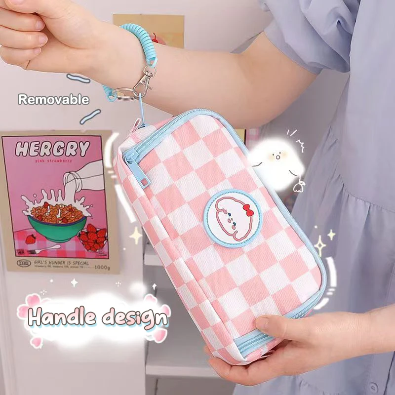 Estuche de lápices Kawaii portátil de gran capacidad, bolsa de bolígrafo de lona, bolsa de cosméticos Linda para estudiantes, suministros escolares