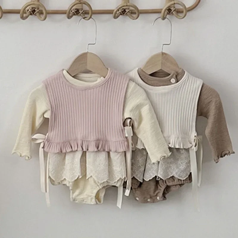 2025 New Spring Newborn Baby Girls Bodysuits+Sleeveless Lace Patchwork Smock Korean Style Climbing Suit 0-24M Children Clothes