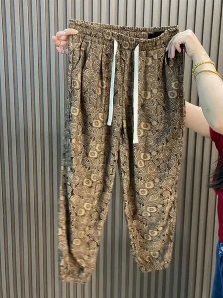 

2025 Loose Casual Print Pants Wide-leg High Waist Drape Cropped Pants Women All Match Aesthetic Fashion Trousers Female Summer