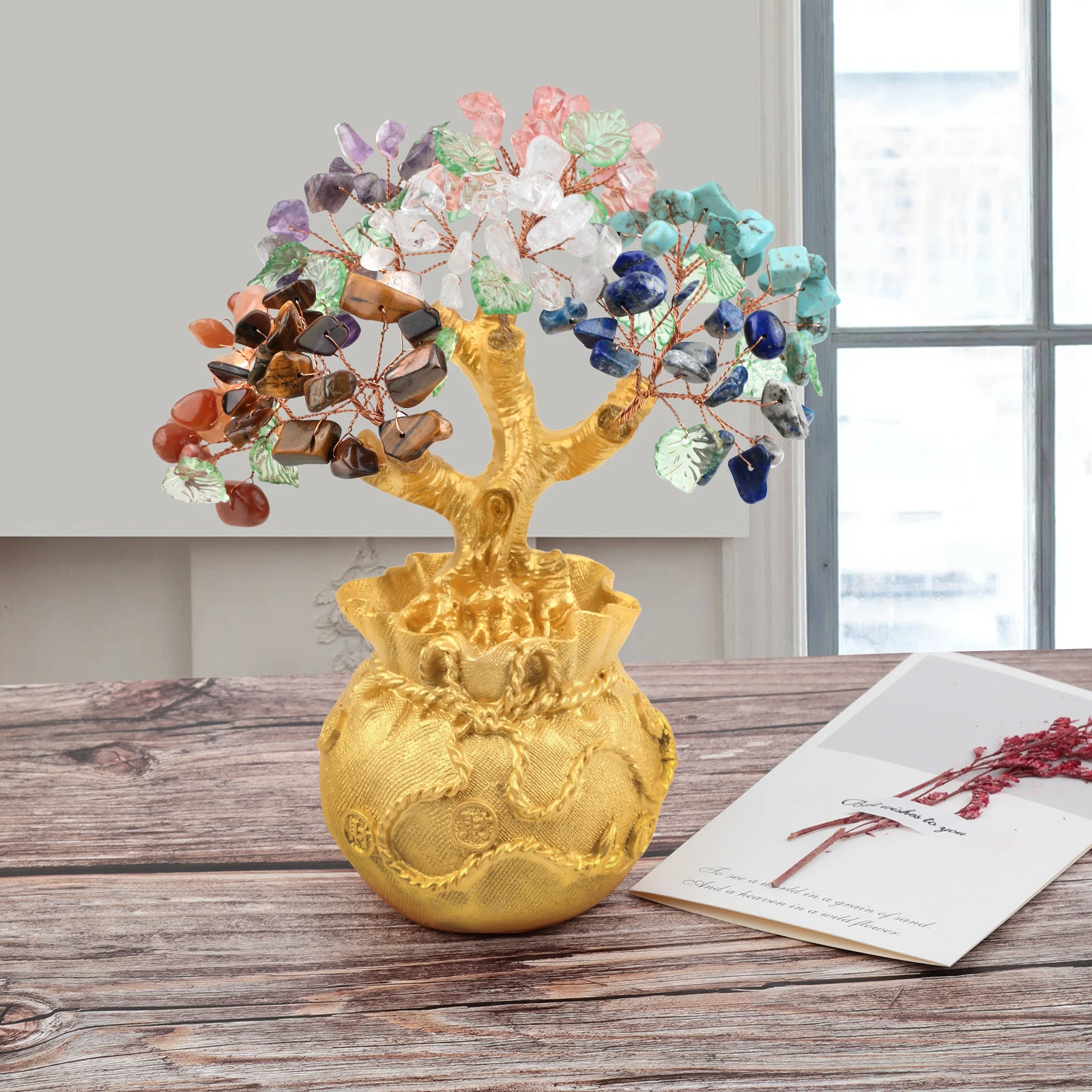 TUMBEELLUWA Lucky Money Tree Gold Color Moneybag Base Natural Crystal Gravel Minerals Bonsai Style Feng Shui Wealth Ornaments