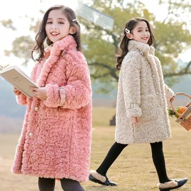 Baby Girl Winter Jacket Faux Fur Thick Toddler Teen Warm Wool Fur Coat Long Pearl Baby Outwear High Quality Girl Clothes 3-18Y