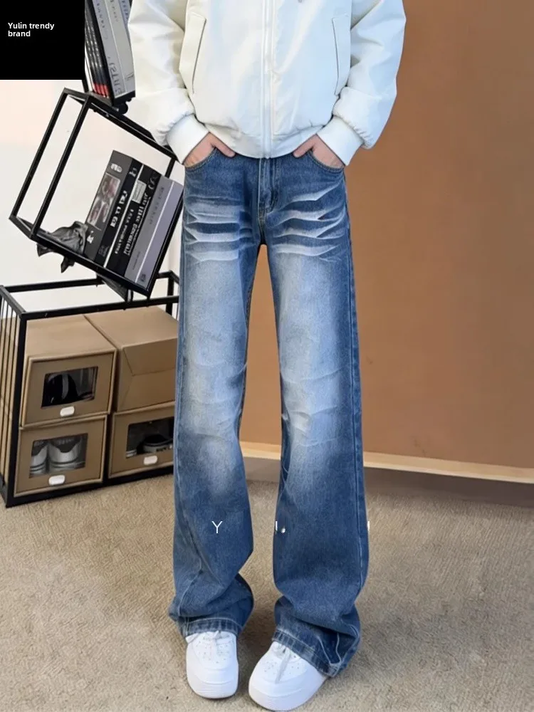 

Мужские зимние джинсы прямого кроя синего цвета, американский стиль, зауженные, удлиняющие ноги, с легким расклешением, повседневные