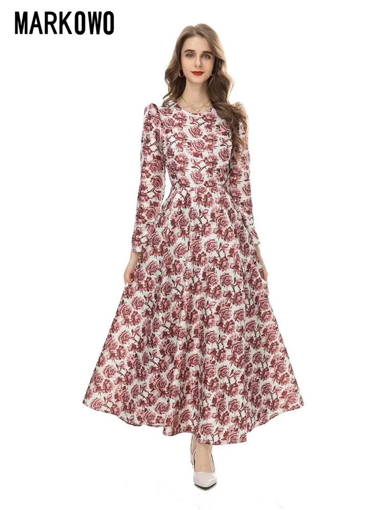 

MARKOWO Desinger Brand 2023 New Women's Fashion Round Neck Rose Print A-line Waist Drop Dress