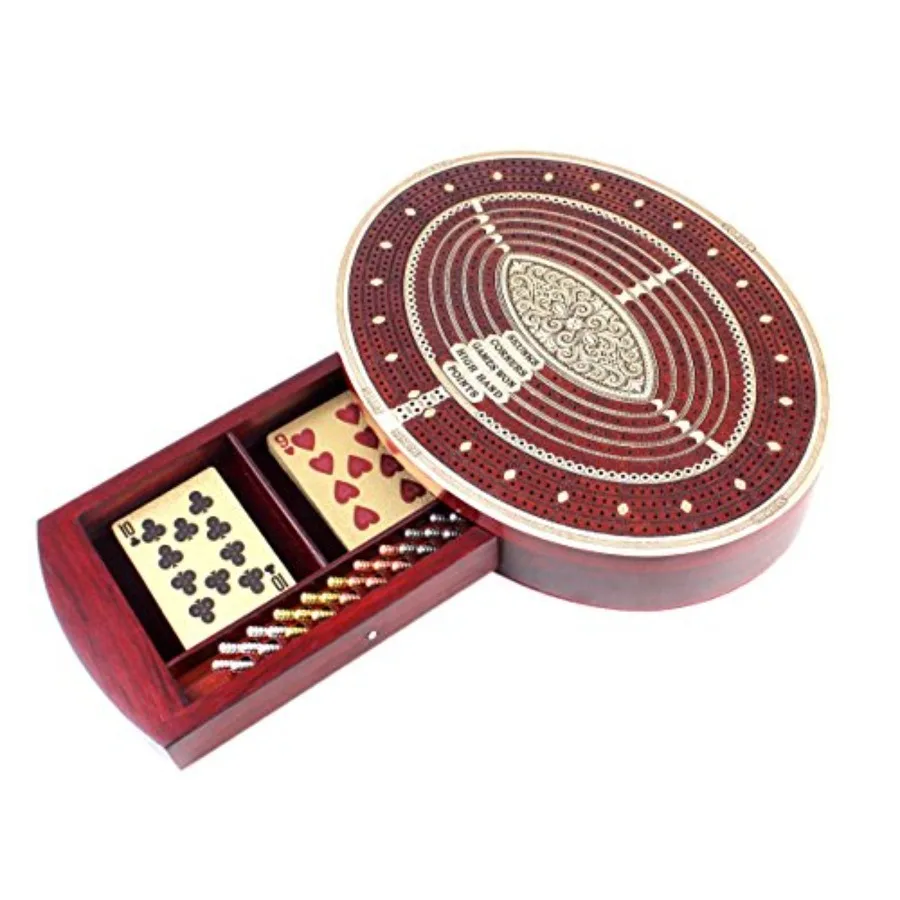Tablero y caja de cribbage continuo de 4 pistas de forma ovalada en arce sanguíneo con lugar para rincones Skunks Won Games, mano alta y