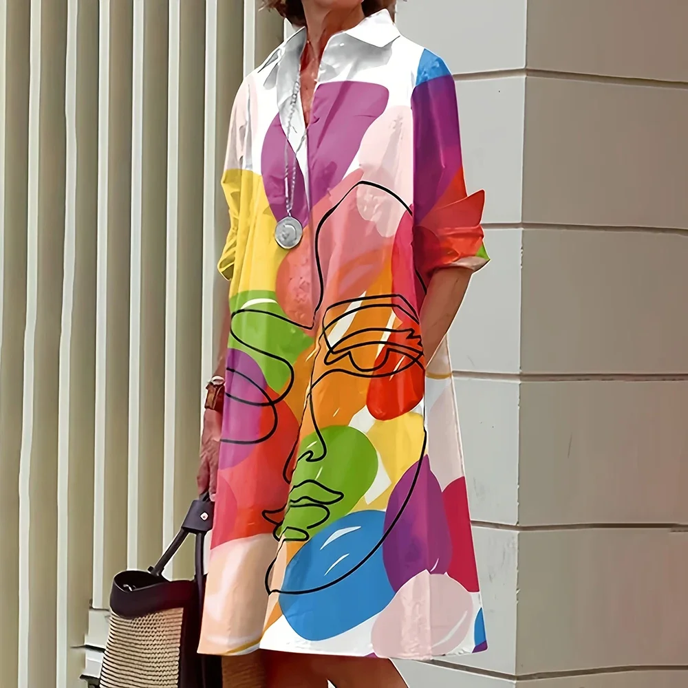 Women's Shirt Dress Summer Long Pocket Dress Loose Lapel Long Sleeve Coat Colorful Printed Top Women's Party Evening Dress