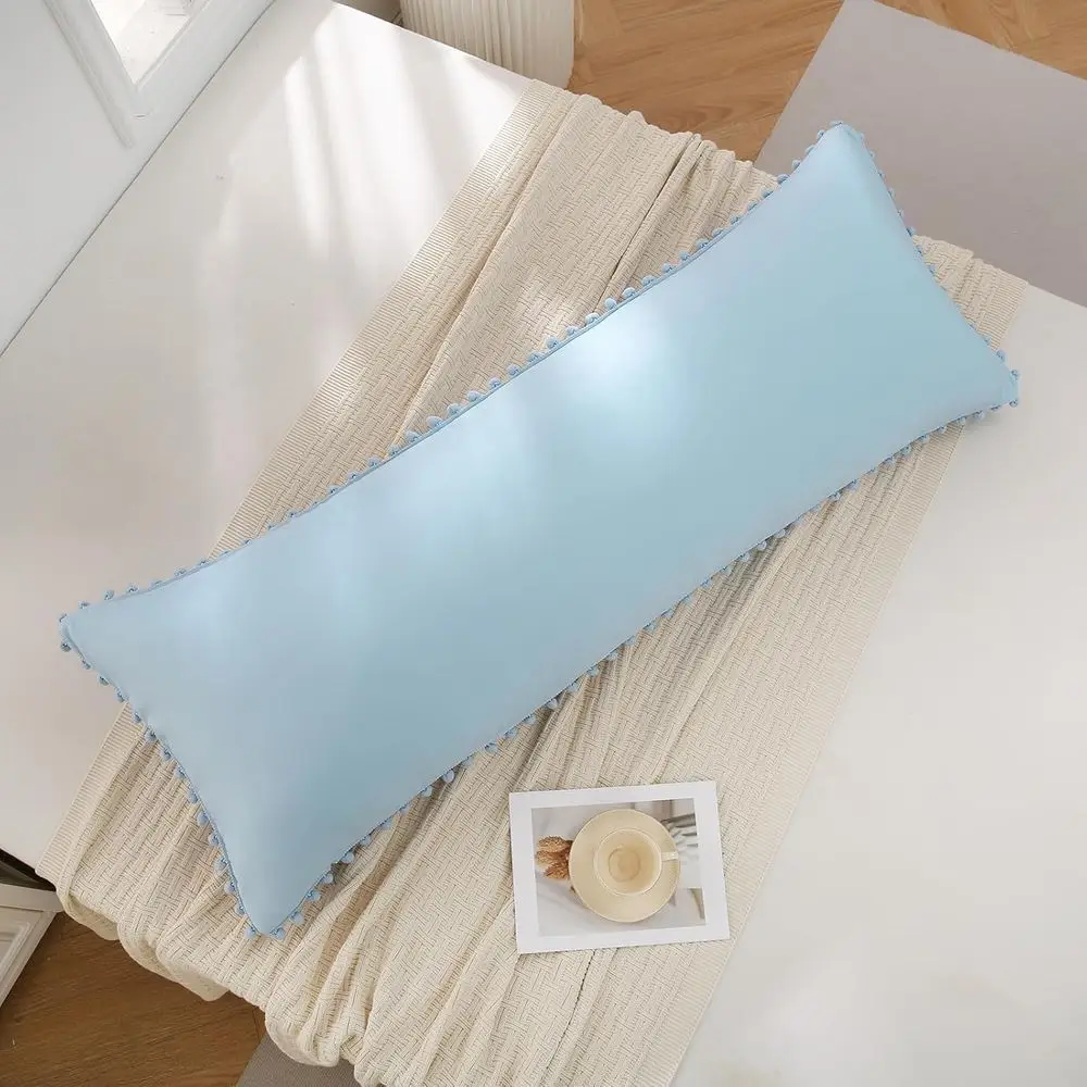 غطاء وسادة للجسم باللون الأزرق السماوي مقاس 20 × 54 بوصة بوهو شيك بوم بومس هامش ديكور غطاء وسادة للجسم مع إغلاق الجيب (الجسم، أزرق سماوي