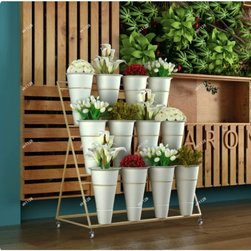 Multi-tier Iron Flower Display Rack Removable Stand with Plastic Bucket for Wedding Shop