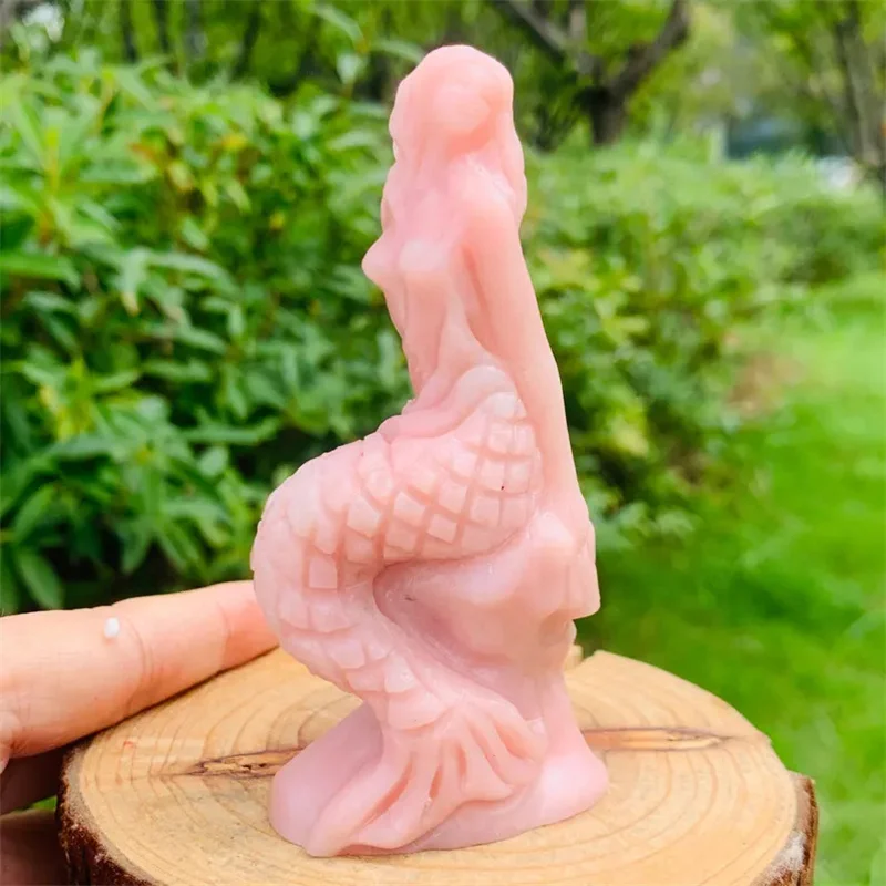 Natural Pink Opal Mermaid Statue Hand-carved Quartz Crystal Gift Energy Collection Decoration