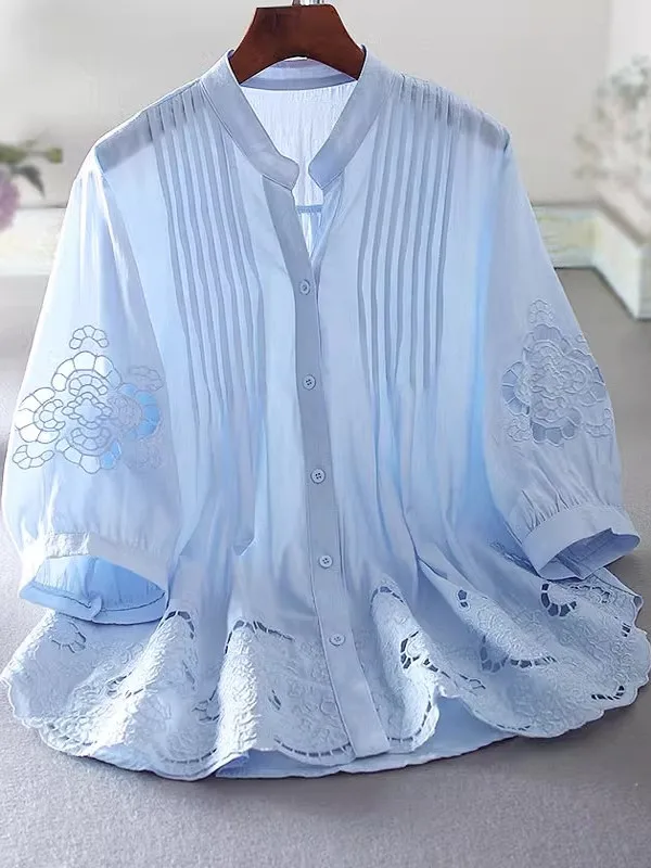 

Ele Hollow Embroidery Cotton Linen irt Women Loose Fit Summer Top V-Ne ort Sve Artistic Sle Casual Wear